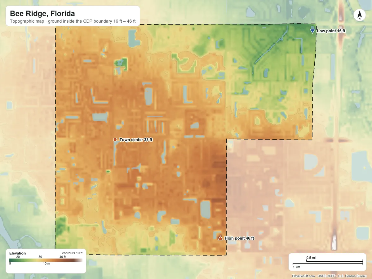 Topographic elevation map of Bee Ridge, Florida, shaded from 16 ft on the northeast side to 46 ft on the southeast side