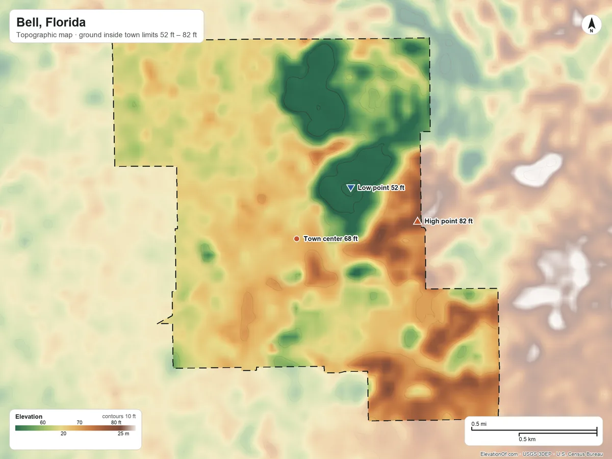 Topographic elevation map of Bell, Florida, shaded from 52 ft on the northeast side to 82 ft on the east side