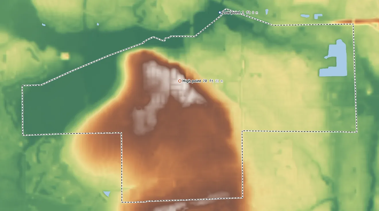Topographic elevation map of Bellair-Meadowbrook Terrace, Florida, shaded from 1 ft on the north side to 70 ft near the middle