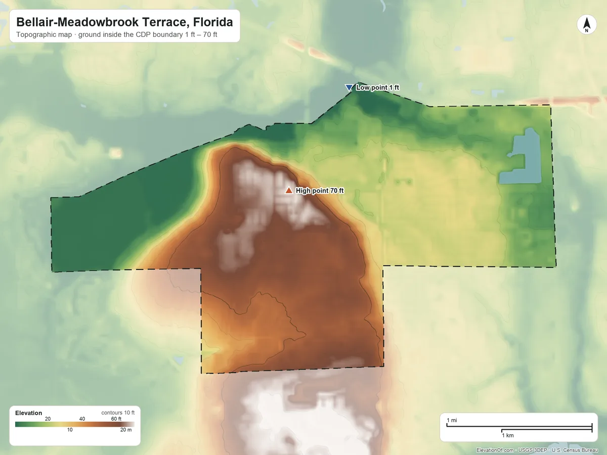 Topographic elevation map of Bellair-Meadowbrook Terrace, Florida, shaded from 1 ft on the north side to 70 ft near the middle