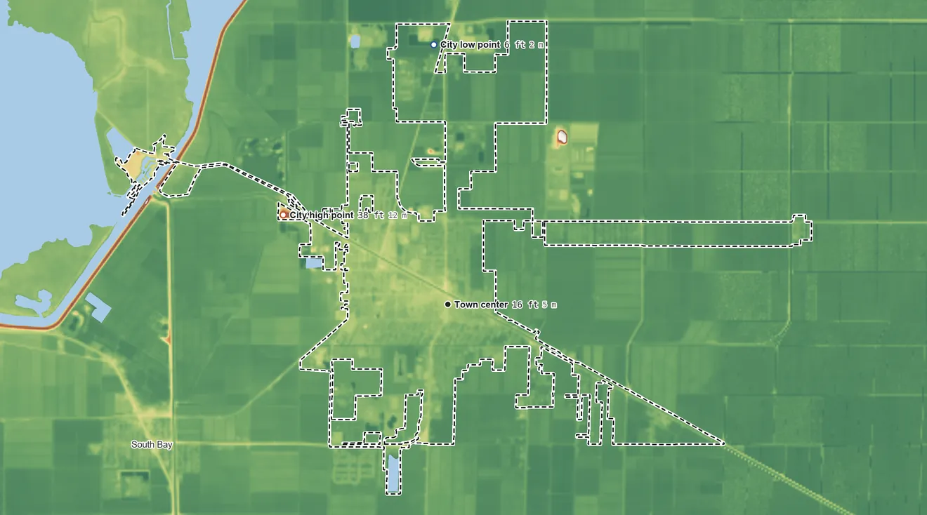 Topographic elevation map of Belle Glade, Florida, shaded from 6 ft on the north side to 38 ft on the northwest side
