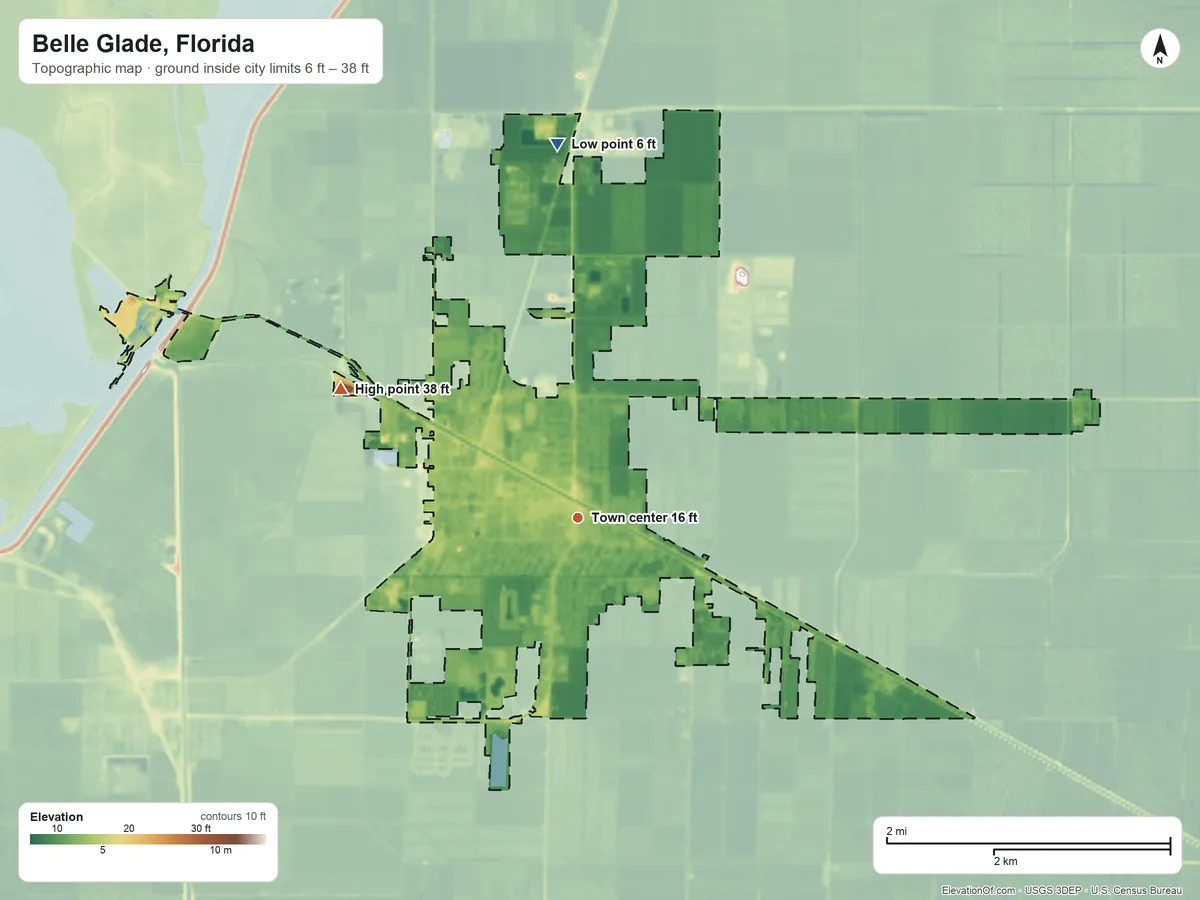 Topographic elevation map of Belle Glade, Florida, shaded from 6 ft on the north side to 38 ft on the northwest side