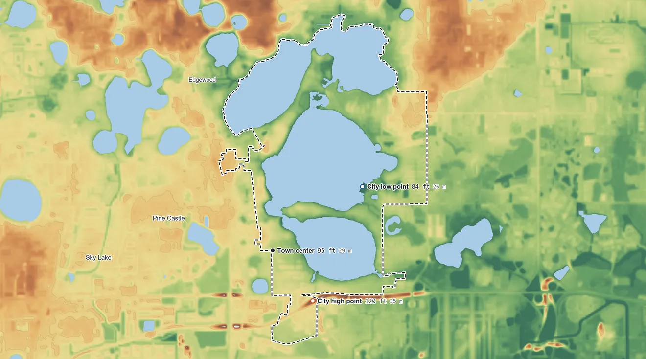 Topographic elevation map of Belle Isle, Florida, shaded from 84 ft on the northeast side to 120 ft on the southeast side
