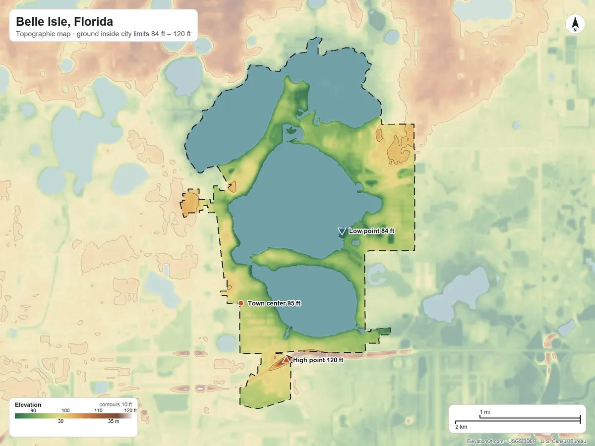 Topographic elevation map of Belle Isle, Florida, shaded from 84 ft on the northeast side to 120 ft on the southeast side