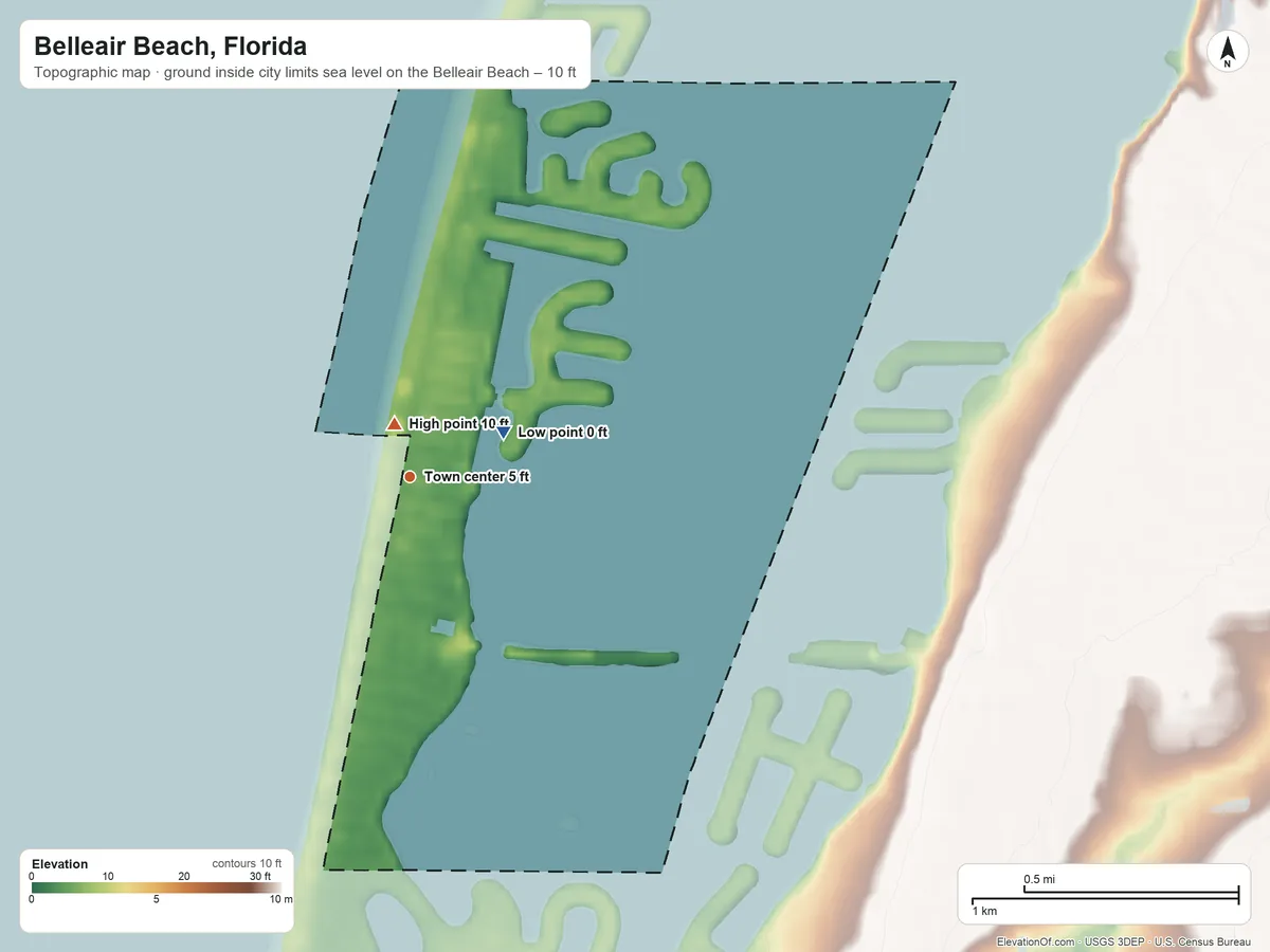 Topographic elevation map of Belleair Beach, Florida, shaded from sea level level on the Belleair Beach to 10 ft near the middle