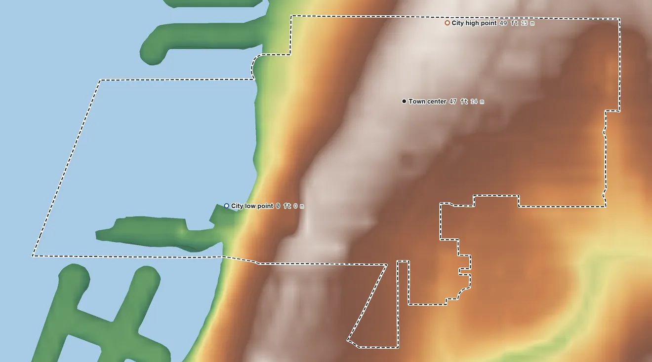 Topographic elevation map of Belleair Bluffs, Florida, shaded from sea level level on Clearwater Bay to 49 ft on the northeast side