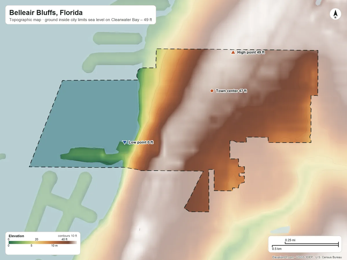Topographic elevation map of Belleair Bluffs, Florida, shaded from sea level level on Clearwater Bay to 49 ft on the northeast side