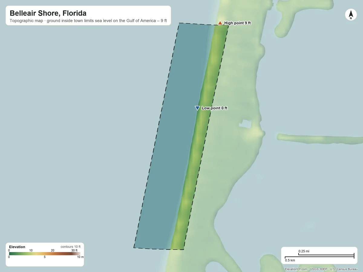 Topographic elevation map of Belleair Shore, Florida, shaded from sea level level on the Gulf of America to 9 ft on the north side