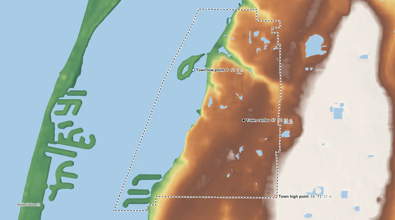 Topographic elevation map of Belleair, Florida, shaded from sea level level on Clearwater Bay to 55 ft on the southeast side
