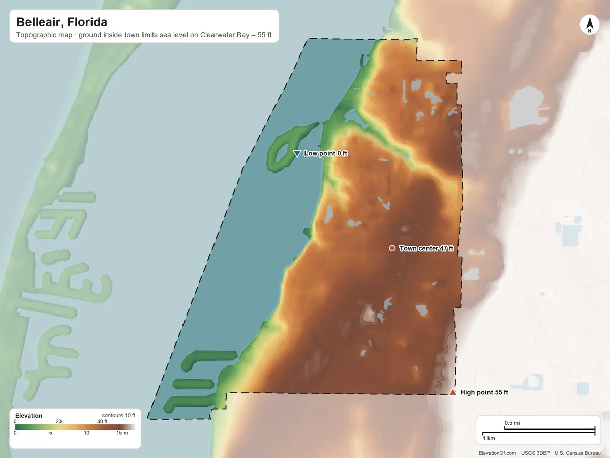 Topographic elevation map of Belleair, Florida, shaded from sea level level on Clearwater Bay to 55 ft on the southeast side