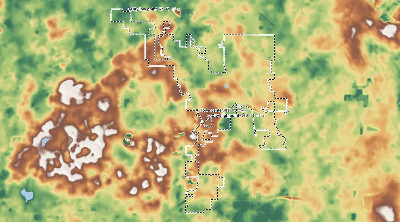 Topographic elevation map of Belleview, Florida, shaded from 57 ft on the northwest side to 130 ft near the middle