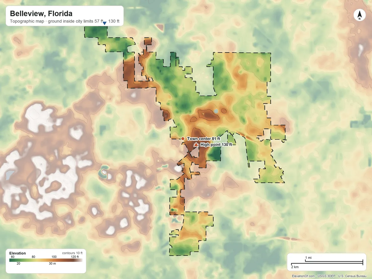 Topographic elevation map of Belleview, Florida, shaded from 57 ft on the northwest side to 130 ft near the middle
