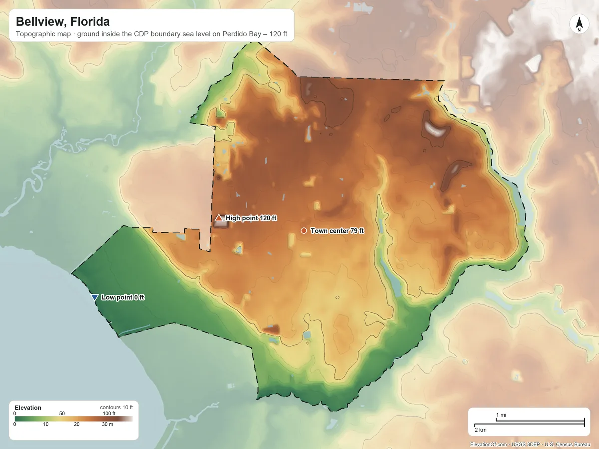 Topographic elevation map of Bellview, Florida, shaded from sea level level on Perdido Bay to 120 ft on the west side