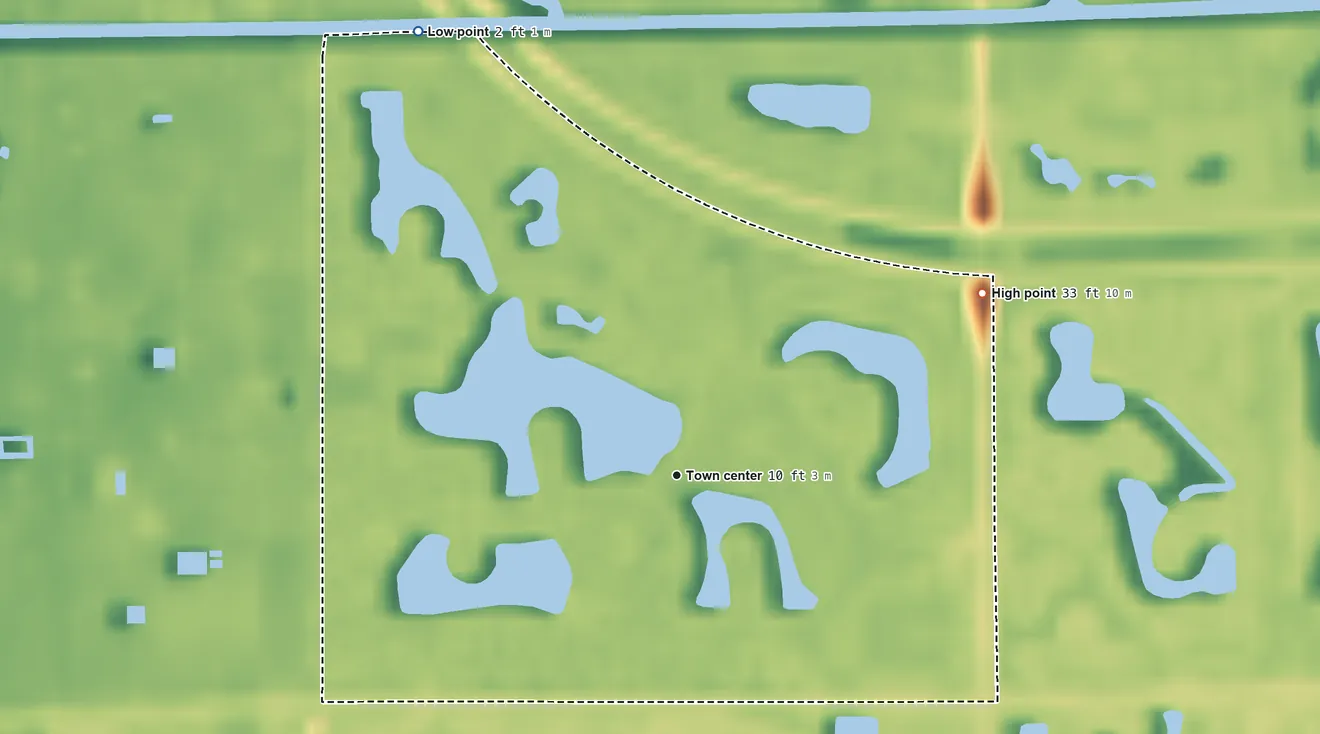 Topographic elevation map of Berkshire Lakes, Florida, shaded from 2 ft on the northwest side to 33 ft on the northeast side