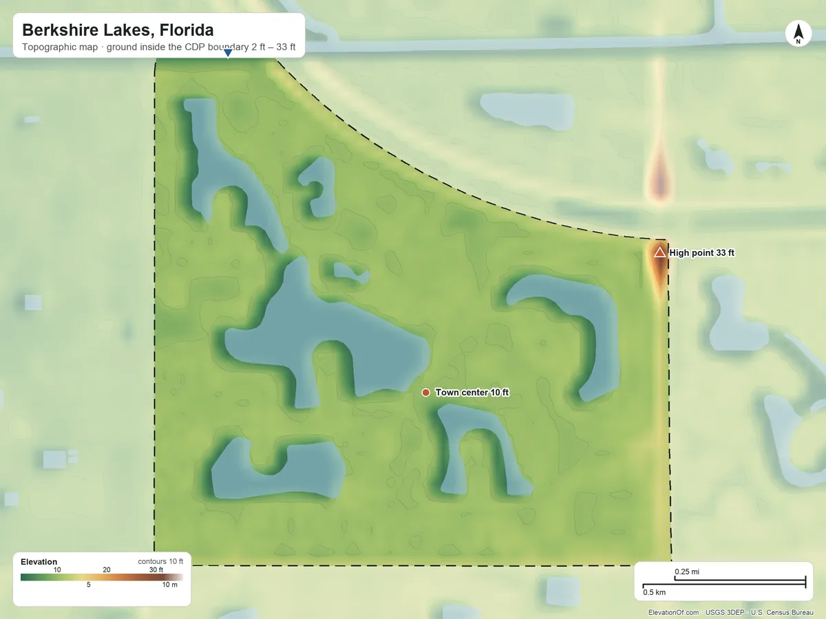 Topographic elevation map of Berkshire Lakes, Florida, shaded from 2 ft on the northwest side to 33 ft on the northeast side