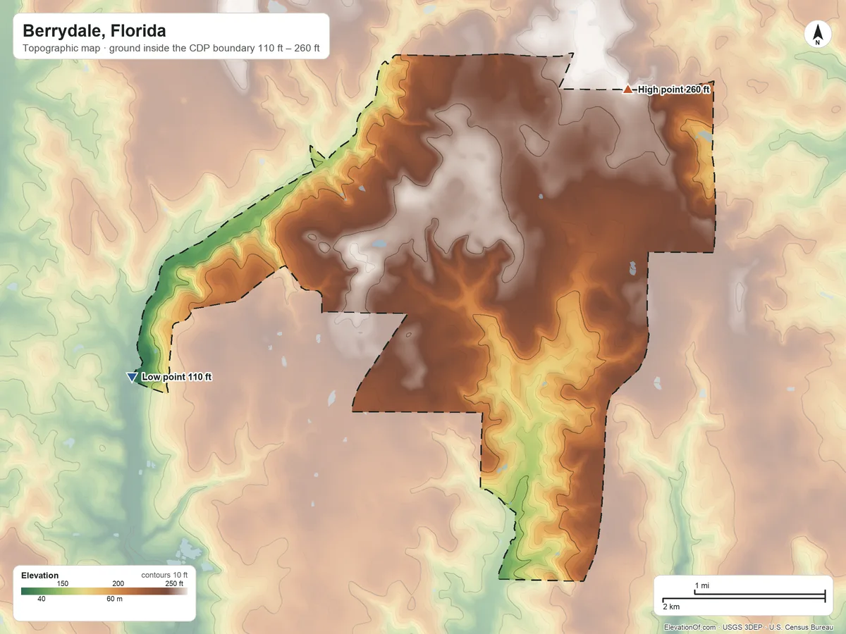 Topographic elevation map of Berrydale, Florida, shaded from 110 ft on the southwest side to 260 ft on the northeast side