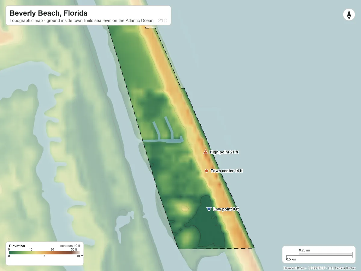 Topographic elevation map of Beverly Beach, Florida, shaded from sea level level on the Atlantic Ocean to 21 ft near the middle
