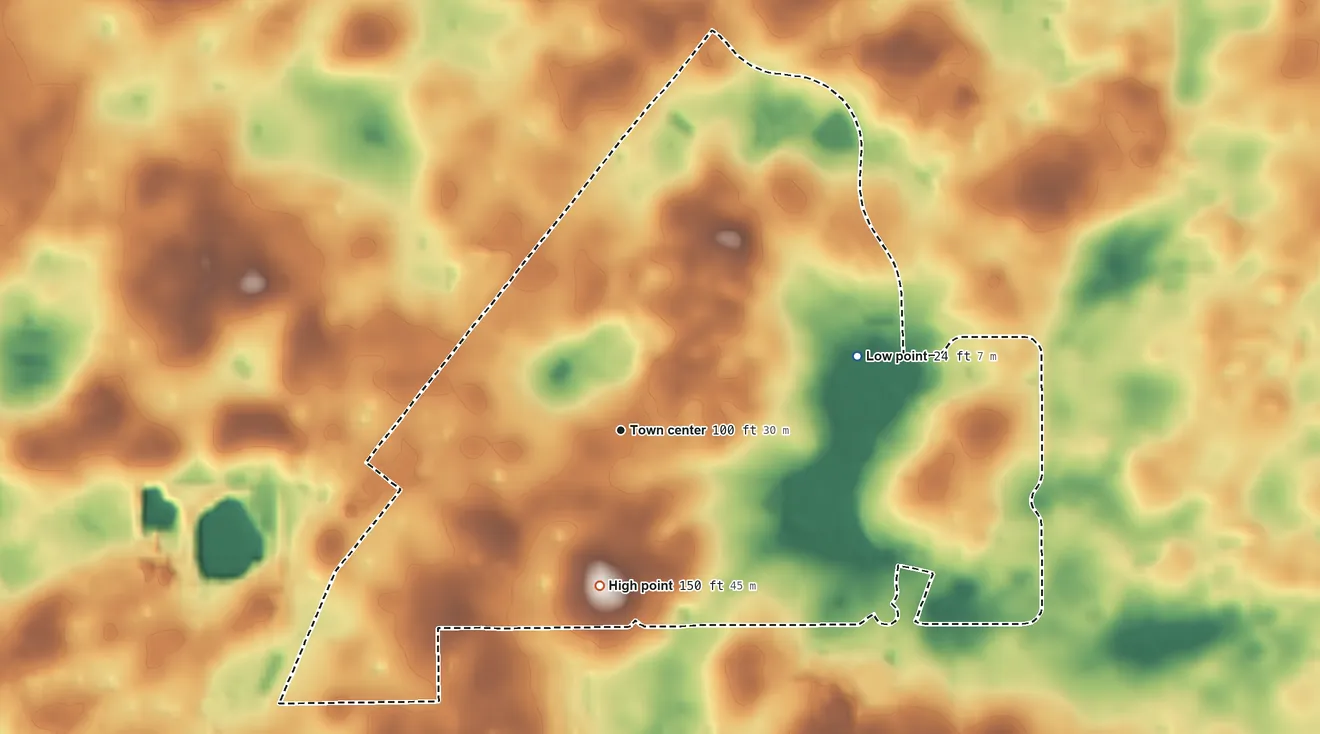 Topographic elevation map of Beverly Hills, Florida, shaded from 24 ft on the east side to 150 ft on the south side