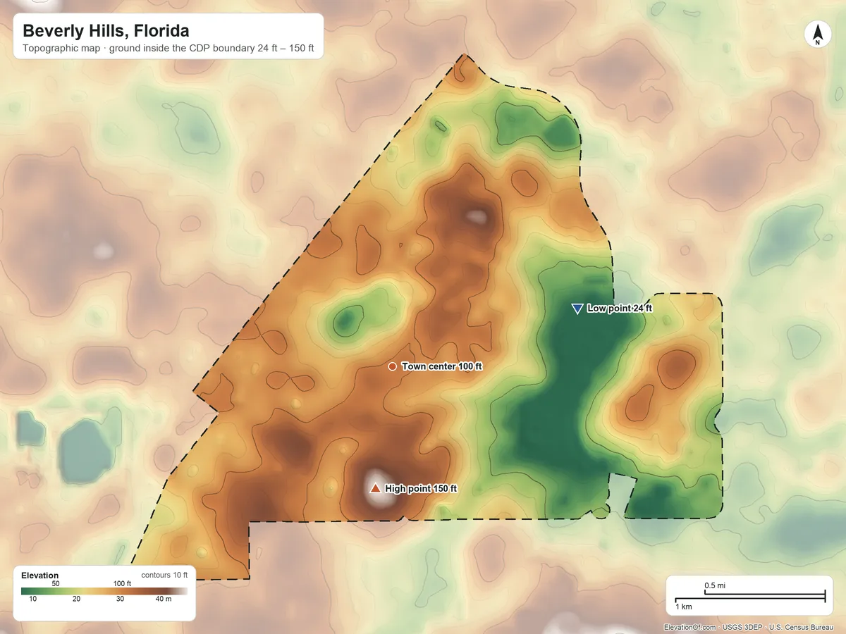 Topographic elevation map of Beverly Hills, Florida, shaded from 24 ft on the east side to 150 ft on the south side
