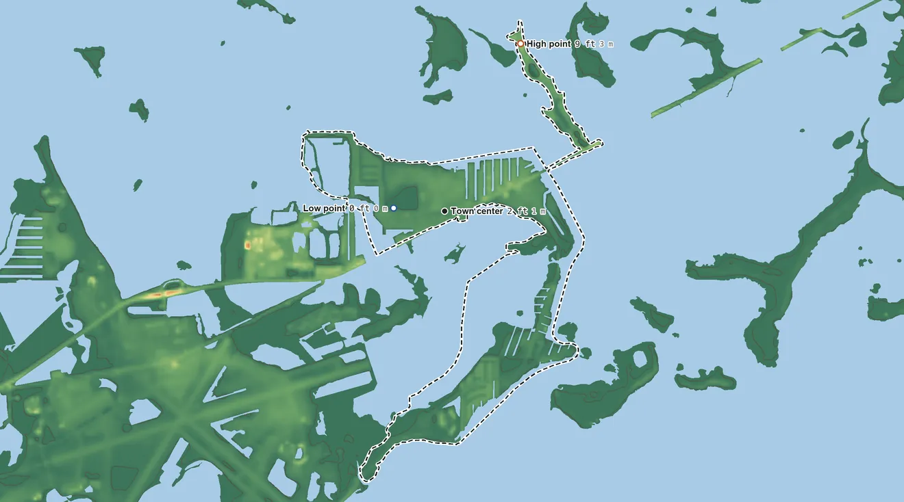 Topographic elevation map of Big Coppitt Key, Florida, shaded from sea level level on the Rockland Channel to 9 ft on the northeast side