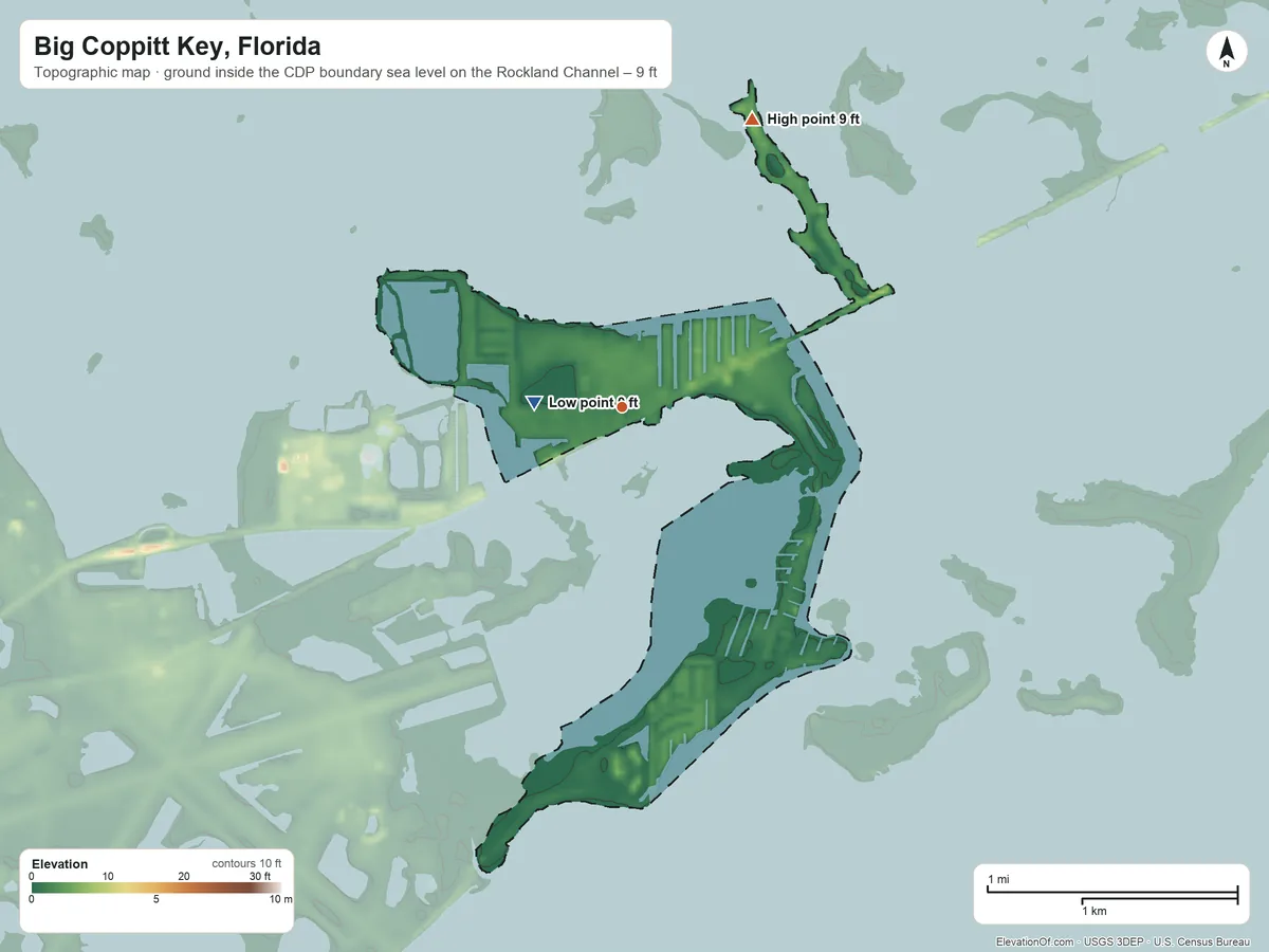 Topographic elevation map of Big Coppitt Key, Florida, shaded from sea level level on the Rockland Channel to 9 ft on the northeast side