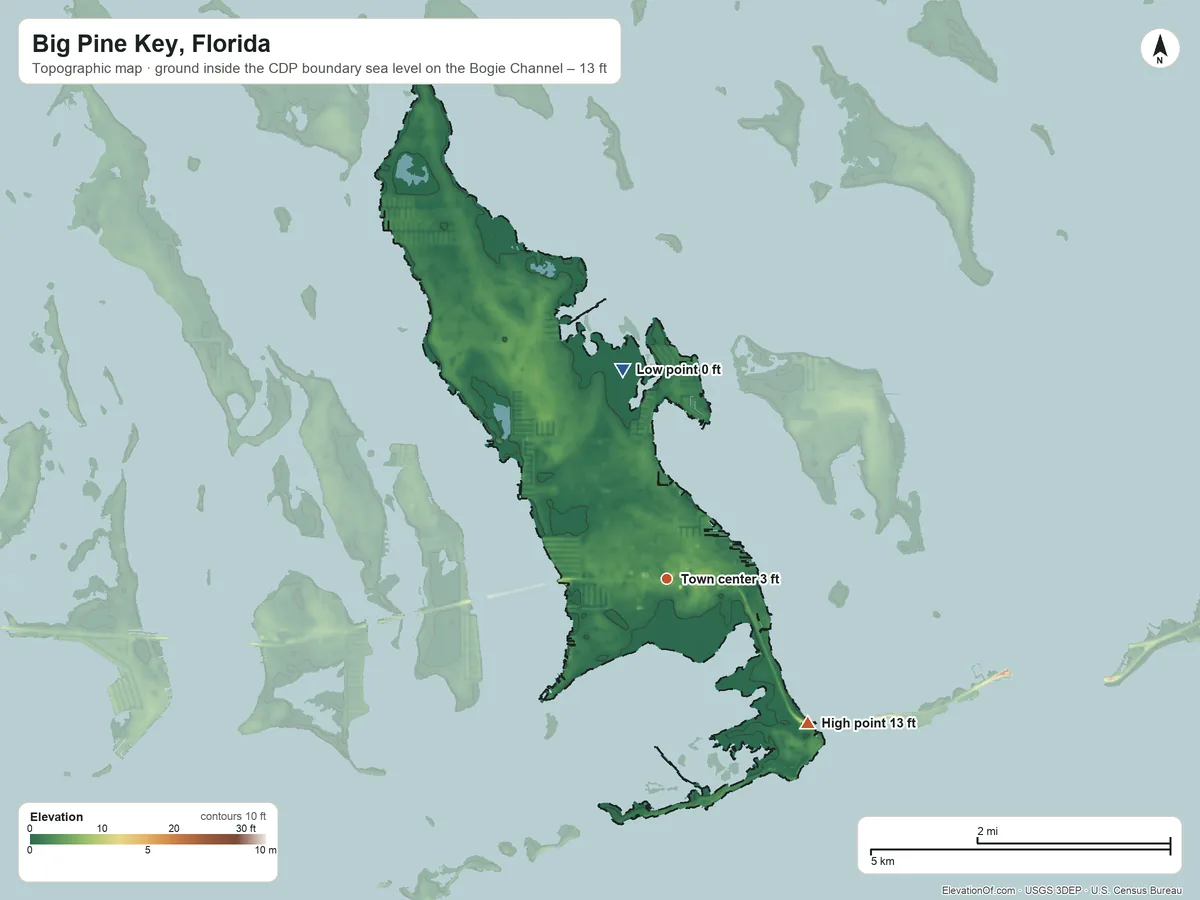 Topographic elevation map of Big Pine Key, Florida, shaded from sea level level on the Bogie Channel to 13 ft on the southeast side