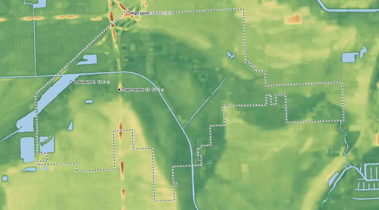 Topographic elevation map of Biscayne Gardens, Florida, shaded from 1 ft on the west side to 37 ft on the north side