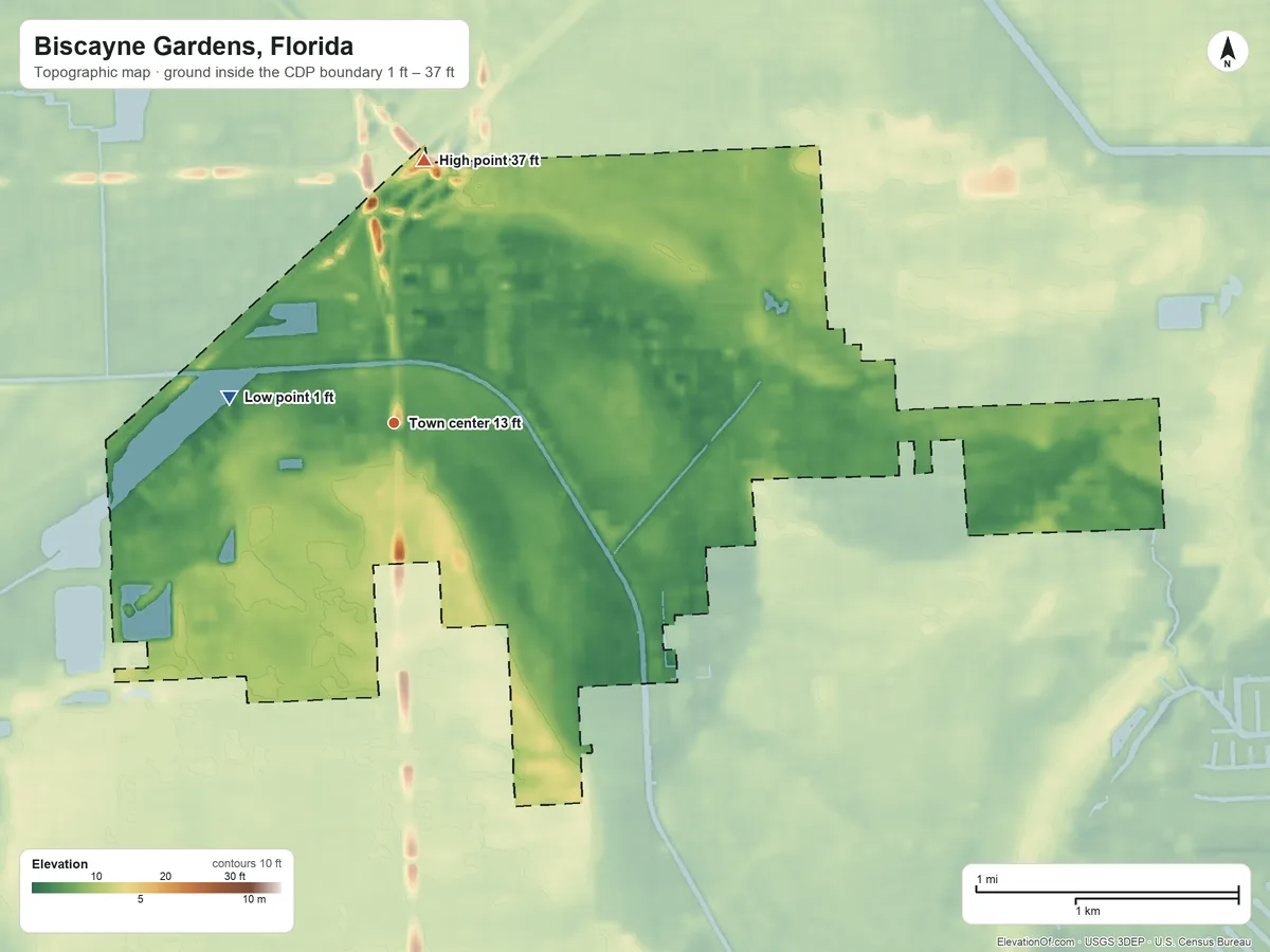 Topographic elevation map of Biscayne Gardens, Florida, shaded from 1 ft on the west side to 37 ft on the north side