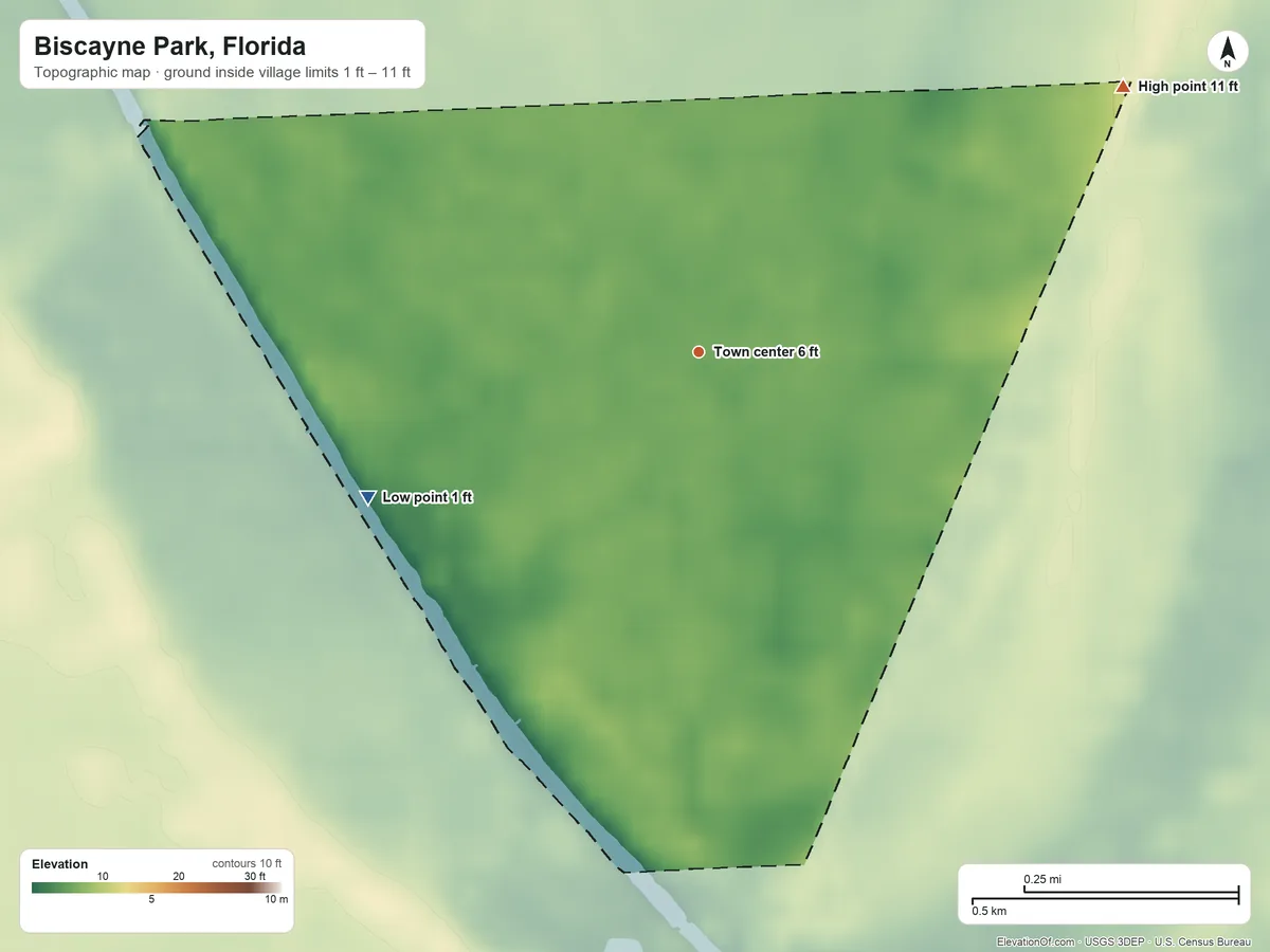 Topographic elevation map of Biscayne Park, Florida, shaded from 1 ft on the southwest side to 11 ft on the northeast side