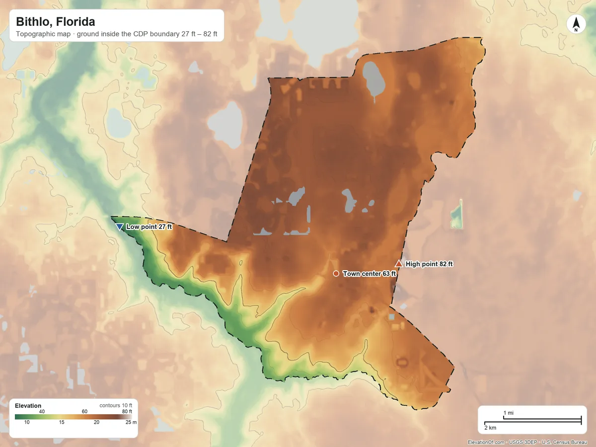 Topographic elevation map of Bithlo, Florida, shaded from 27 ft on the west side to 82 ft on the east side