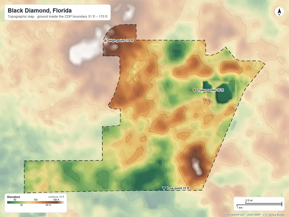 Topographic elevation map of Black Diamond, Florida, shaded from 31 ft on the south side to 170 ft on the northwest side