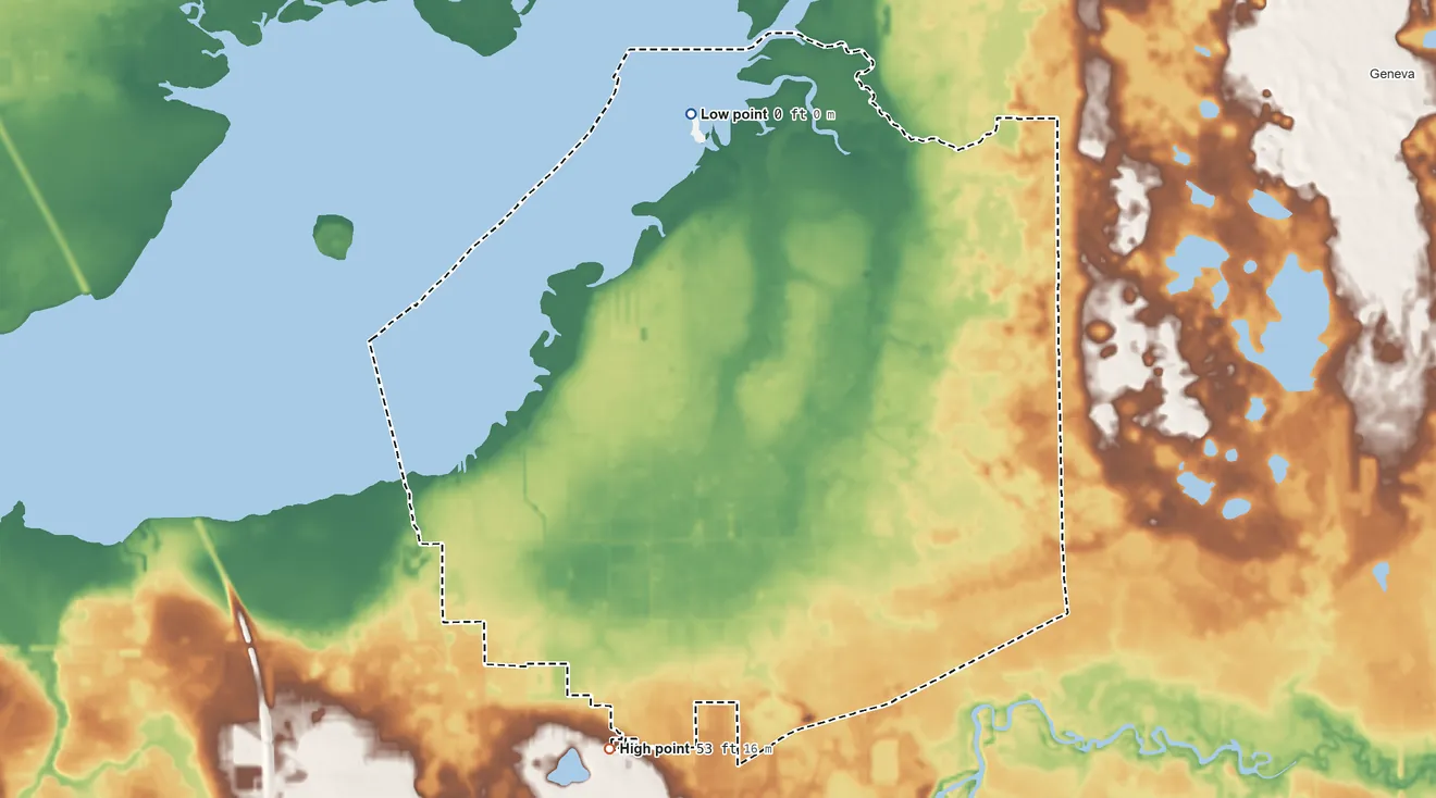 Topographic elevation map of Black Hammock, Florida, shaded from 0 ft on the north side to 53 ft on the southwest side