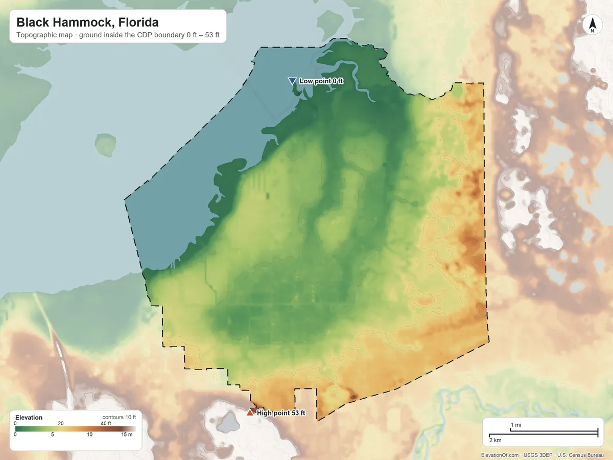 Topographic elevation map of Black Hammock, Florida, shaded from 0 ft on the north side to 53 ft on the southwest side
