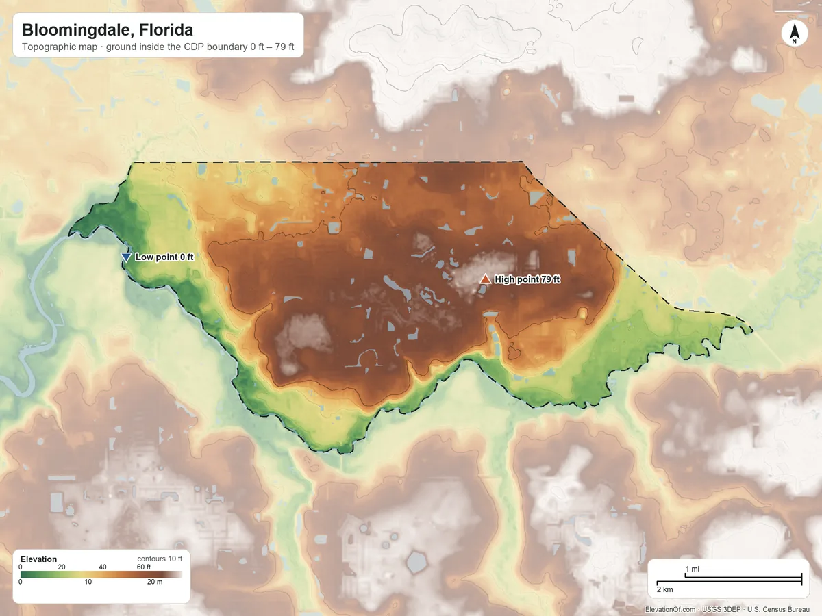 Topographic elevation map of Bloomingdale, Florida, shaded from 0 ft on the west side to 79 ft on the east side