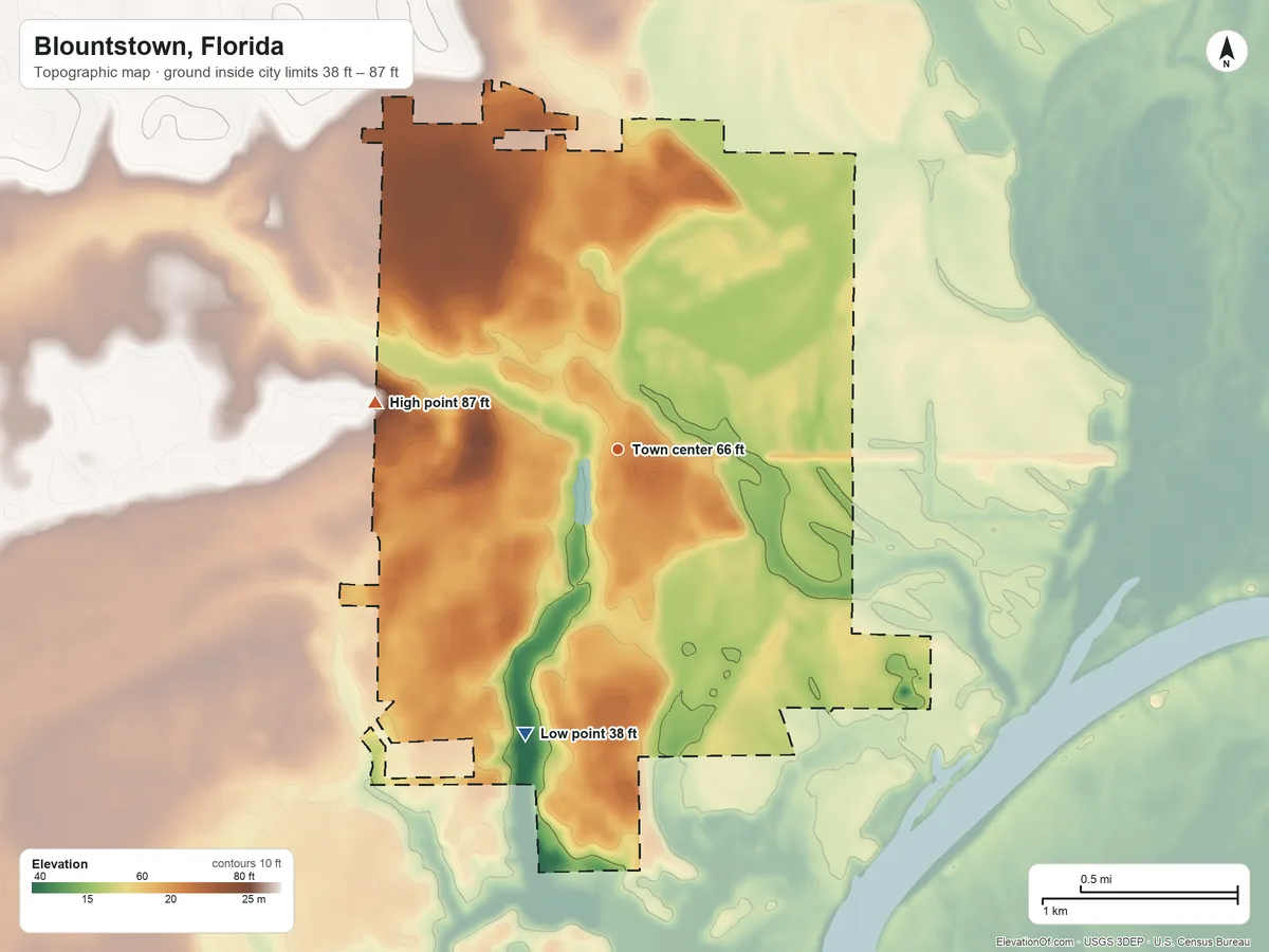 Topographic elevation map of Blountstown, Florida, shaded from 38 ft on the south side to 87 ft on the west side