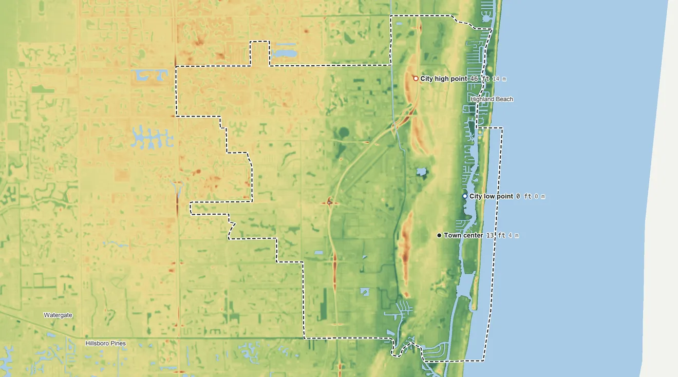 Topographic elevation map of Boca Raton, Florida, shaded from sea level level on the Atlantic Ocean to 46 ft on the north side