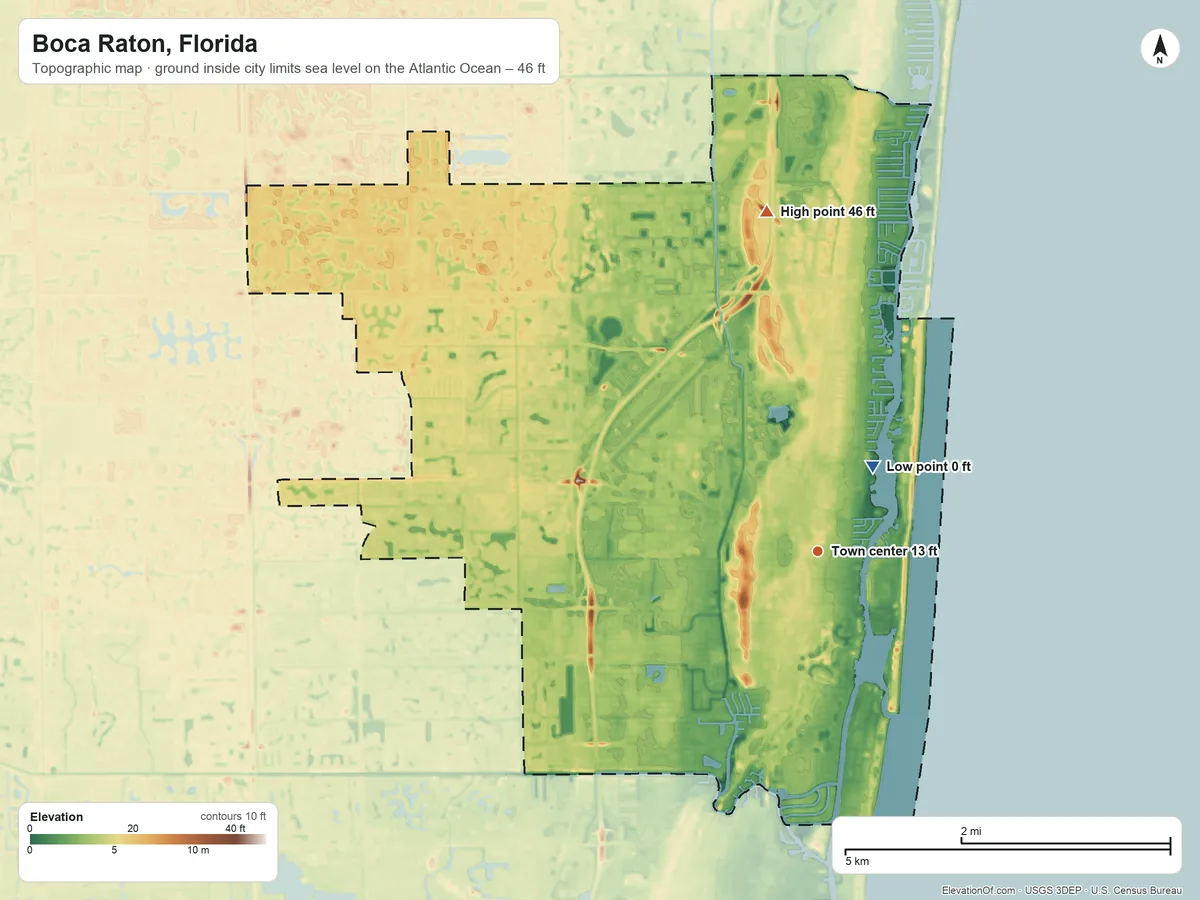 Topographic elevation map of Boca Raton, Florida, shaded from sea level level on the Atlantic Ocean to 46 ft on the north side