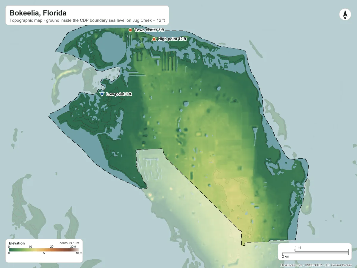 Topographic elevation map of Bokeelia, Florida, shaded from sea level level on Jug Creek to 12 ft on Howard Mound