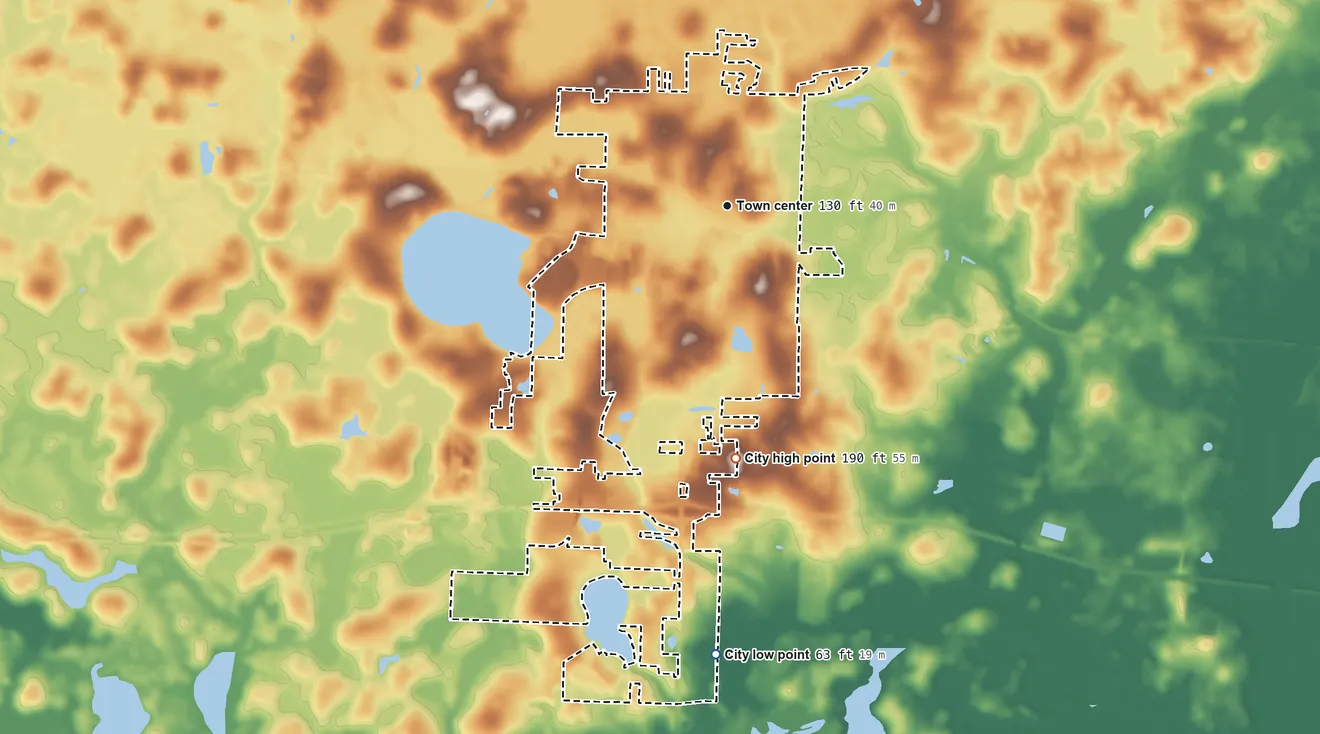 Topographic elevation map of Bonifay, Florida, shaded from 63 ft on the south side to 190 ft on the south side