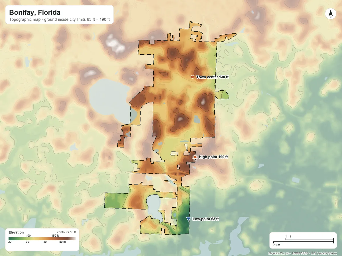 Topographic elevation map of Bonifay, Florida, shaded from 63 ft on the south side to 190 ft on the south side