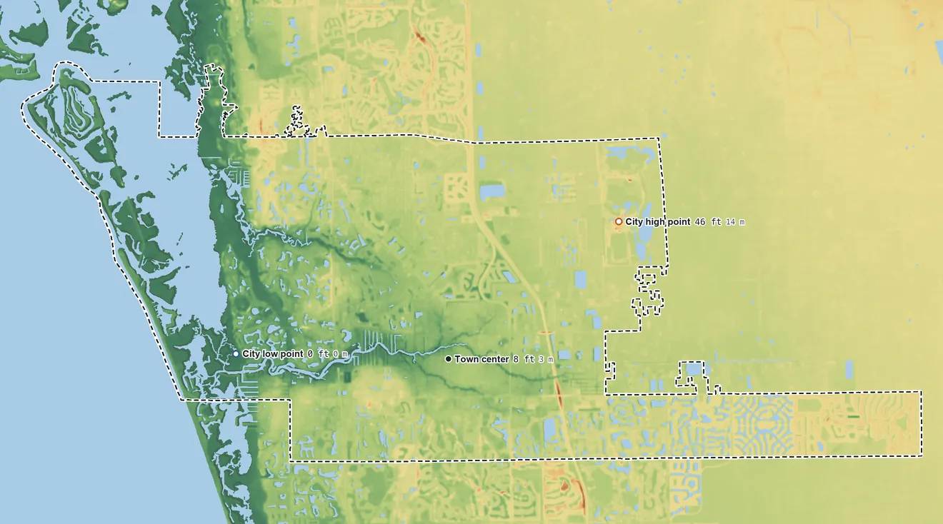 Topographic elevation map of Bonita Springs, Florida, shaded from sea level level on Estero Bay to 46 ft on the northeast side