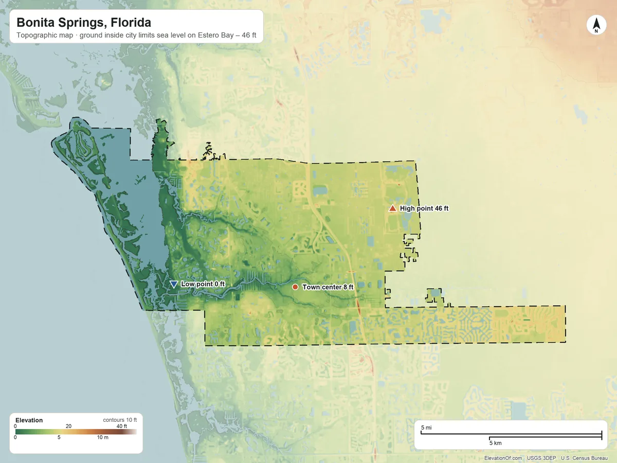 Topographic elevation map of Bonita Springs, Florida, shaded from sea level level on Estero Bay to 46 ft on the northeast side