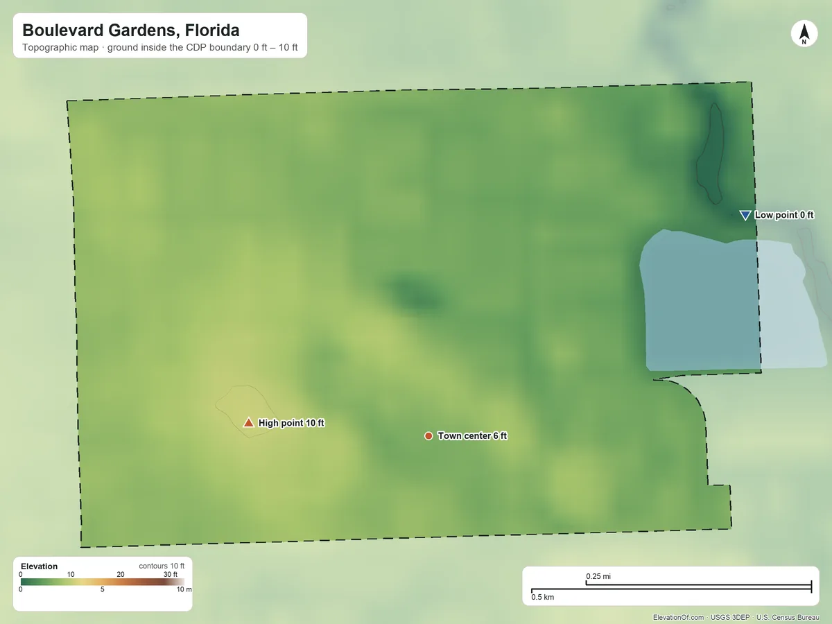 Topographic elevation map of Boulevard Gardens, Florida, shaded from 0 ft on the northeast side to 10 ft on the west side