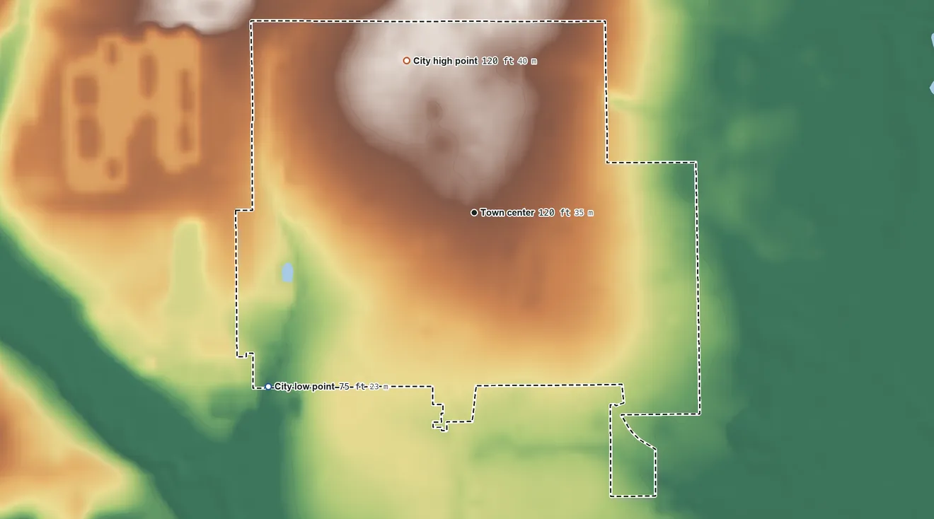 Topographic elevation map of Bowling Green, Florida, shaded from 75 ft on the southwest side to 120 ft on the northwest side