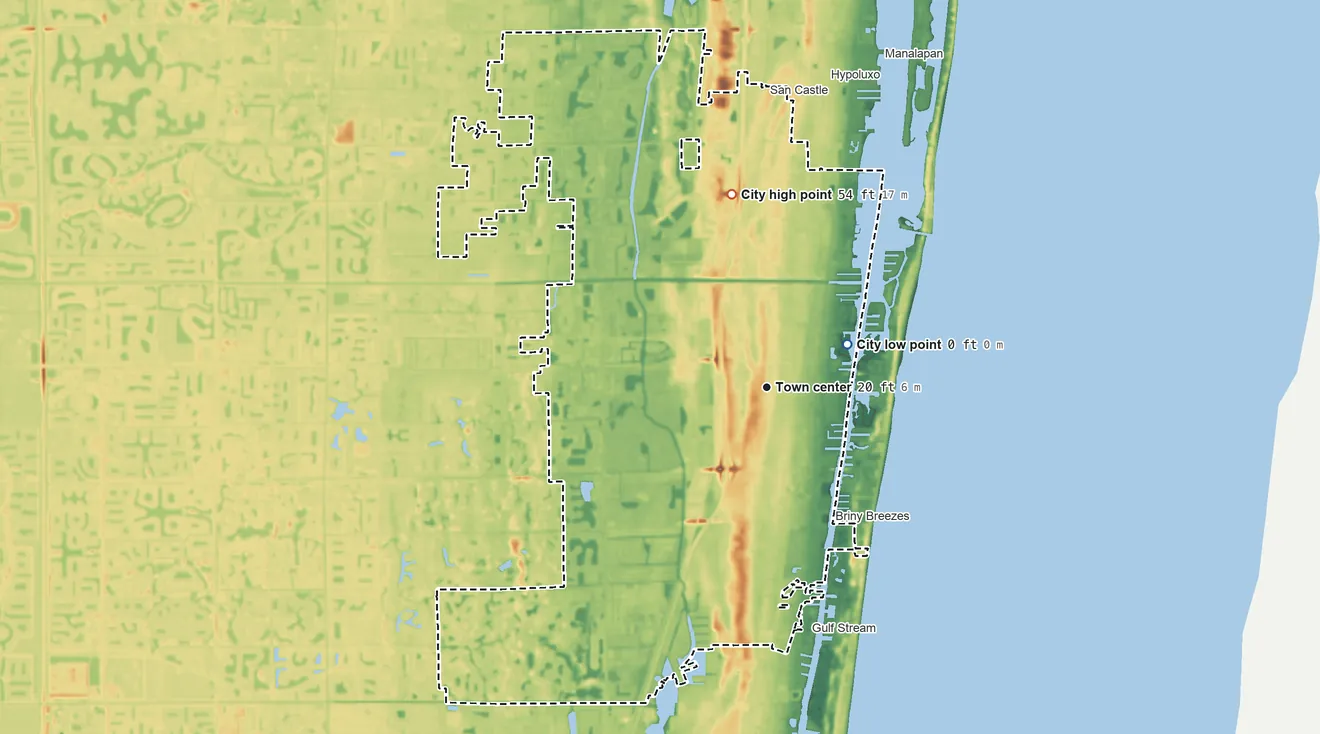 Topographic elevation map of Boynton Beach, Florida, shaded from sea level level on the Atlantic Ocean to 54 ft on the north side
