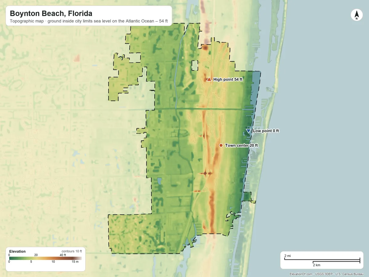Topographic elevation map of Boynton Beach, Florida, shaded from sea level level on the Atlantic Ocean to 54 ft on the north side