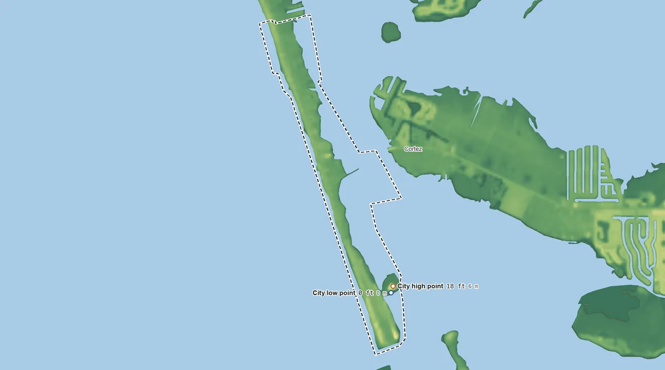 Topographic elevation map of Bradenton Beach, Florida, shaded from sea level level on the Gulf of America to 18 ft on the southeast side