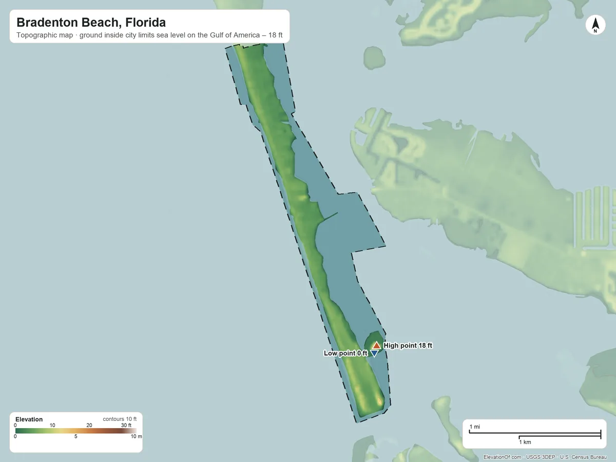 Topographic elevation map of Bradenton Beach, Florida, shaded from sea level level on the Gulf of America to 18 ft on the southeast side