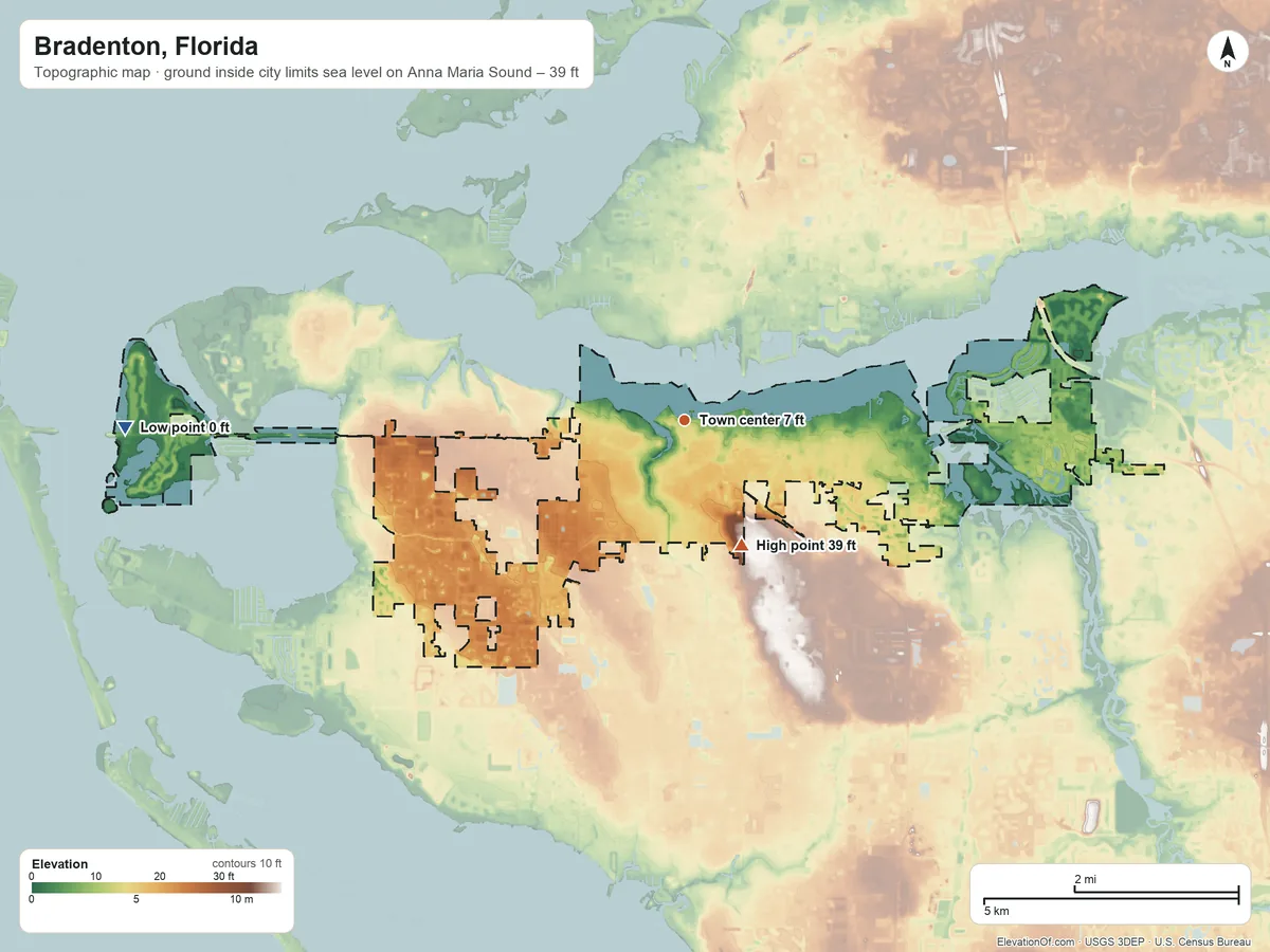 Topographic elevation map of Bradenton, Florida, shaded from sea level level on Anna Maria Sound to 39 ft on the southeast side
