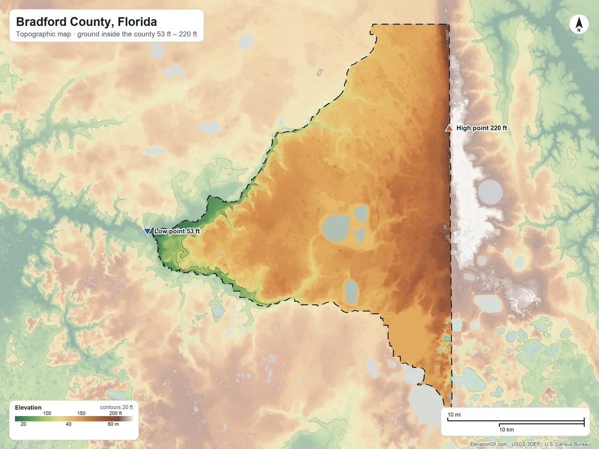 Topographic elevation map of Bradford County, Florida, shaded from 53 ft on the west side to 220 ft on the northeast side